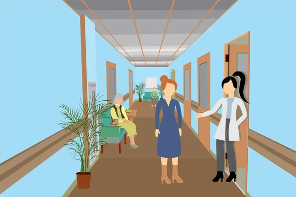 İnsanlarla dolu bir kliniğin vektör çizimi, klinik, hastane, ofis kavramı