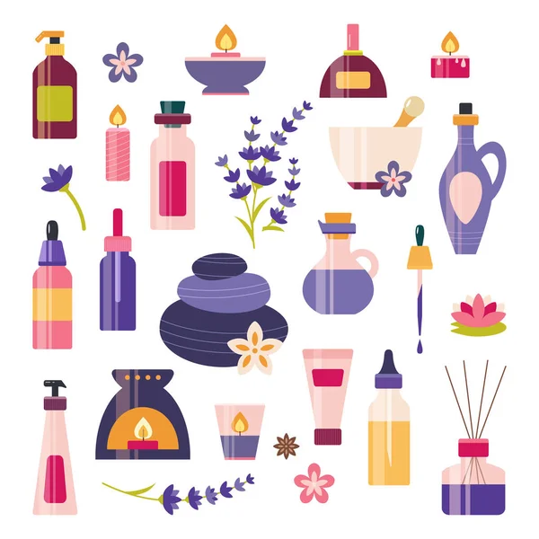 Lavendel etherische olie aromatherapie spa vector set — Stockvector