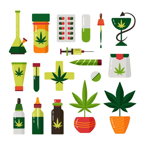 Cannabis marijuana plant flat medical vector set — Stock Vector