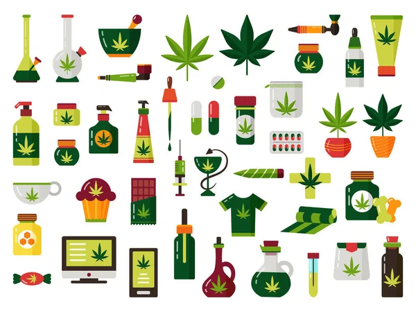Cannabis marihuana planta aceite ilustración vector conjunto — Vector de stock