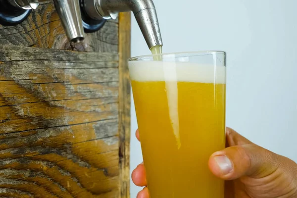 Nalít pivo do sklenice z kohoutku v baru. Balení piva. — Stock fotografie