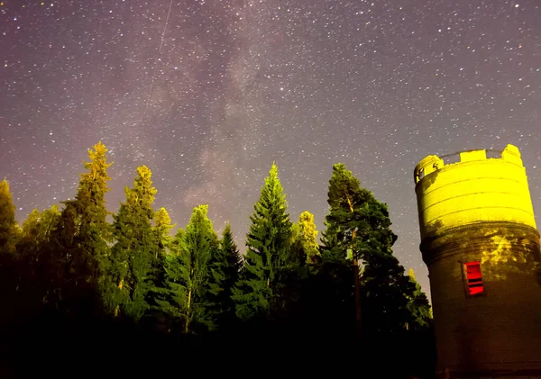 Cielo estrellado sobre el bosque y la torre de agua. Imagen de fondo del cielo estrellado de estrellas en el cielo nocturno y la Vía Láctea . — Foto de Stock