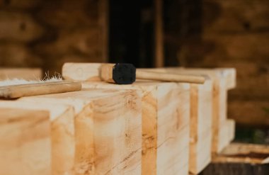 Tahta bir çubukta fırça ve çekiç. Ahşap bir ev inşaatı