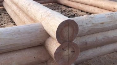 Yapı montajı için günlükler hazırlanıyor. Ahşap bir ev için malzemeler. İnşaat üssündeki ahşap evin kurutulması ve montajı.