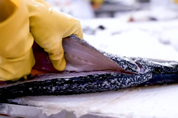 Knife cutting salmon, gutting fish in kitchen — Stock Photo, Image
