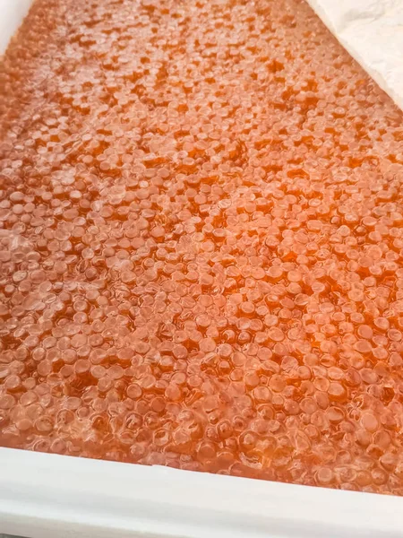 Caviar rouge dans un contenant en plastique. Caviar de saumon, nourriture diététique . — Photo
