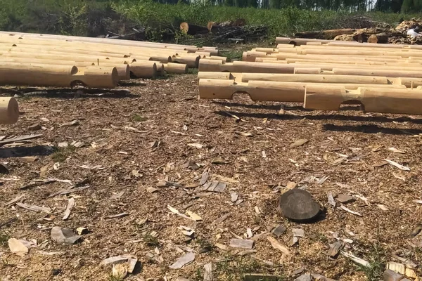 Secado y montaje de casa de madera en una base de construcción . —  Fotos de Stock