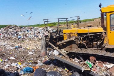 Bir buldozer çöp kutusundaki çöpleri temizler. Çalışma Bulutu