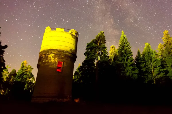 Starry sky over the forest and the water tower. Starry sky backg