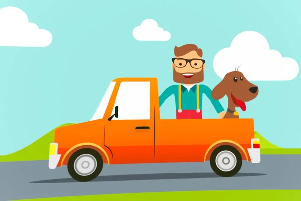 Człowiek siedzi z psem z tyłu ciężarówki pickup. Przejażdżka piknikiem. — Zdjęcie stockowe