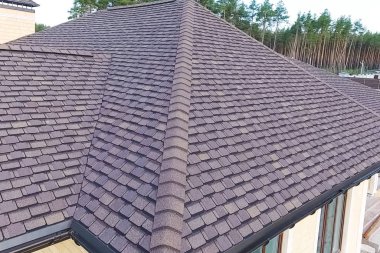 Çatı için küçük fayanslar. Bituminous 'un çatısına sahip bir ev 