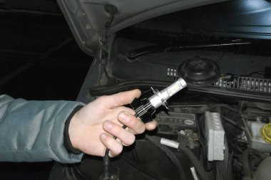 Ksenon lambası bir elektrikçinin elinde. Ksenon lambaları değiştiriliyor.