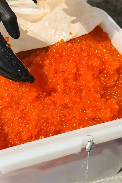 Mescolare le uova con la mano guantata. caviale rosso in un contenitore di plastica . — Foto Stock