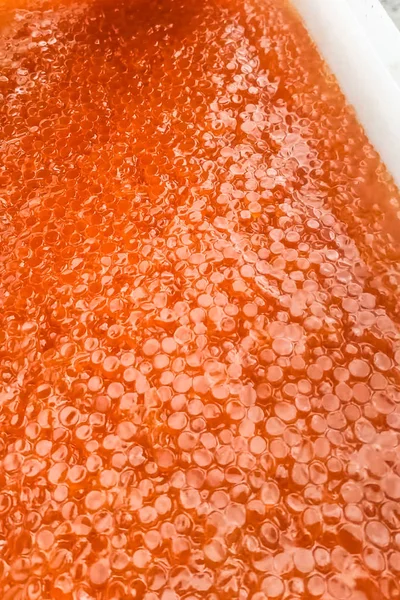 Rød kaviar i plastbeholder. Laksekaviar, diæt mad . - Stock-foto
