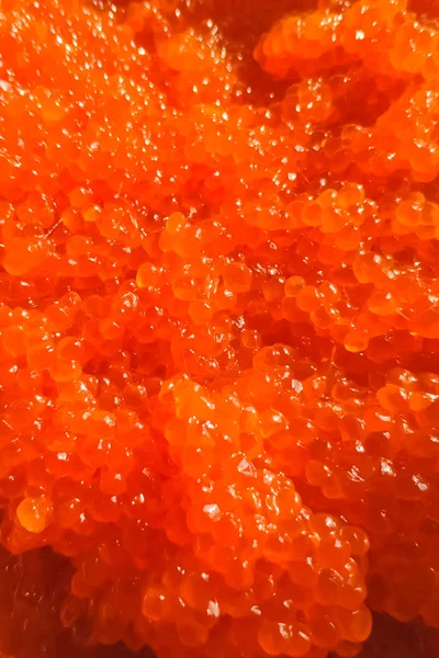 Caviale rosso in contenitore di plastica. Caviale di salmone, cibo dietetico . — Foto Stock