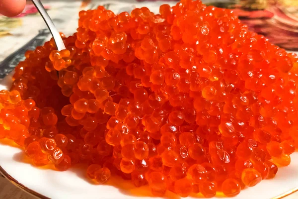 Caviar vermelho no prato na mesa. Caviar de salmão. Nutritos dietéticos — Fotografia de Stock