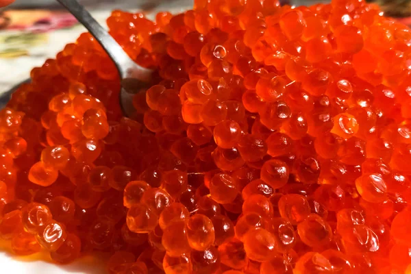 Caviar rojo en el plato sobre la mesa. Caviar de salmón. Nutriti dietético — Foto de Stock