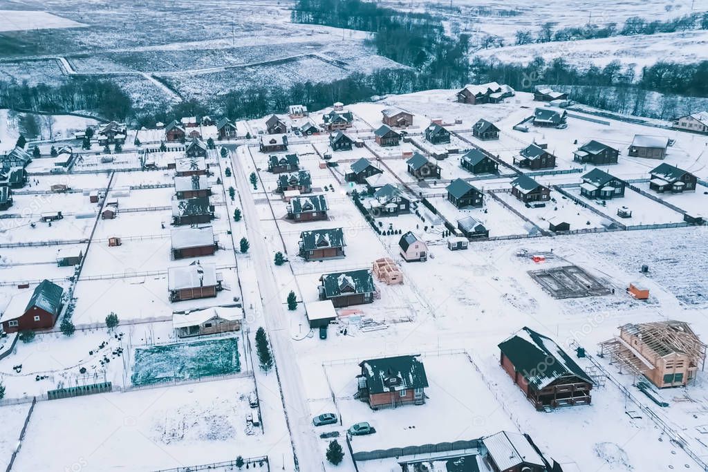 Winter landscape, view of the cottage village in a bird's eye vi