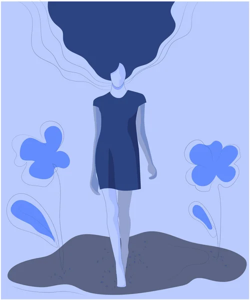 La chica camina en un prado de flores. Ilustración vectorial . — Archivo Imágenes Vectoriales