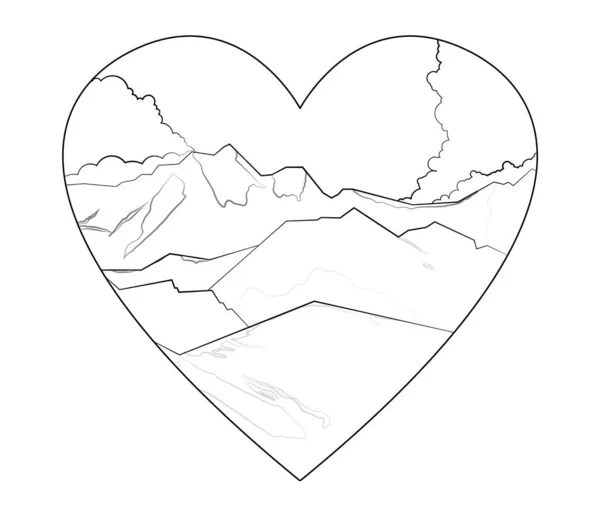 Horská krajina obrys ilustrace izolované na srdci — Stockový vektor