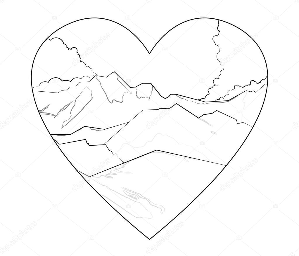 Mountains landscape outline illustration isolated on heart