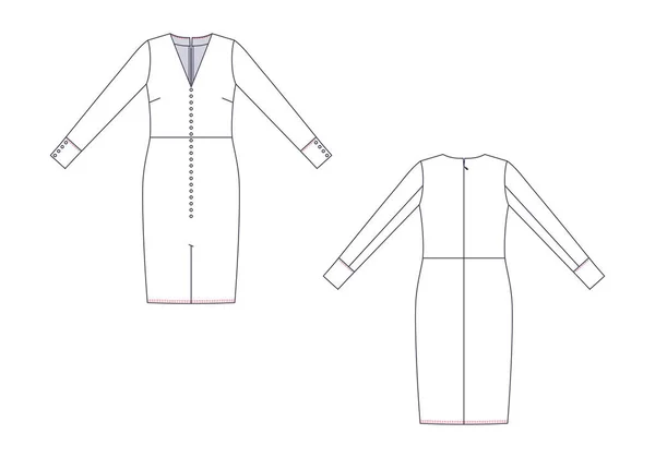 Vektorový módní technický náčrt ženy střední šaty. — Stockový vektor