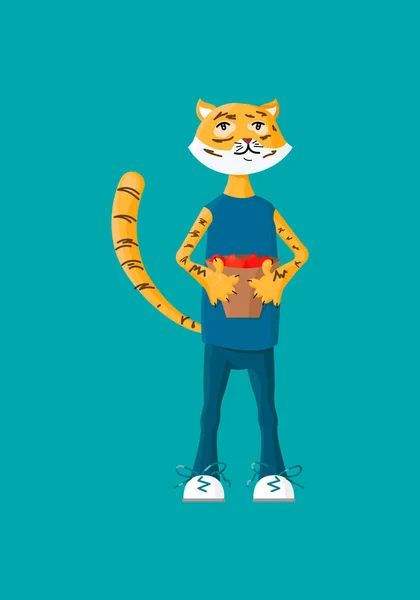Cute Dressed Tiger Holding Vase Tomatoes Vector Cartoon Illustration — Stockový vektor