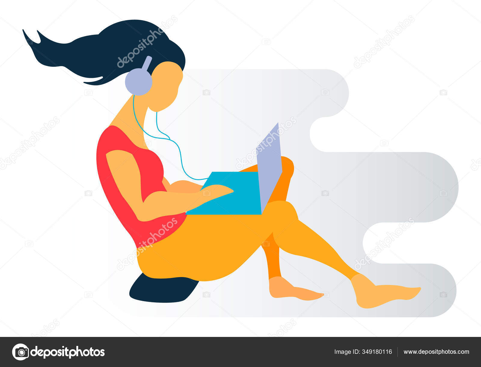 Mujer Sentada Almohada Con Laptop Escuchando Música — Vector de stock