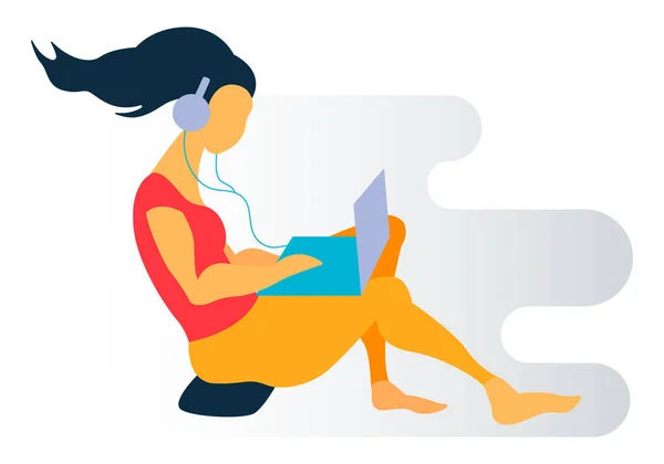 Mädchen Sitzt Auf Kopfkissen Mit Laptop Und Hört Musik — Stockvektor