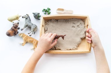 Montessori kumaşı. Çocuk elleri bir hayvan figürünü canlandırıyor. Kinetik kum