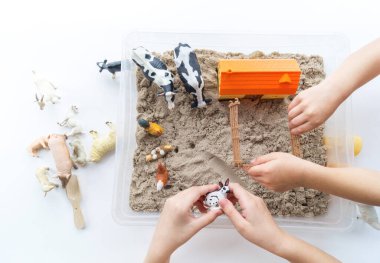 Montessori kumaşı. Çocuk elleri bir hayvan figürünü canlandırıyor. Kinetik kum