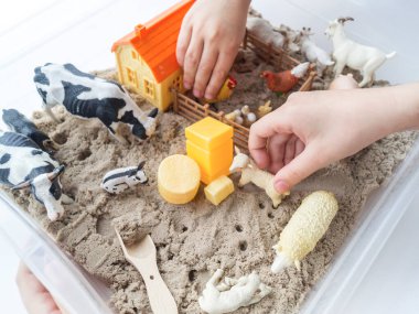 Montessori kumaşı. Çocuk elleri bir hayvan figürünü canlandırıyor. Kinetik kum