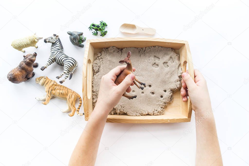 Montessori material. Children's hands play an animal figure. Kinetic sand