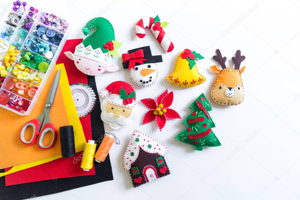 Toy made of felt to decorate the Christmas tree. New Year home decor.
