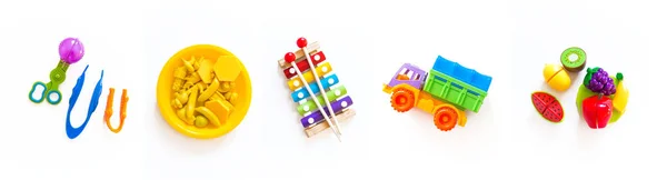 Giocattoli per giochi con bambini. Banner orizzontale Luminoso arcobaleno. Fondo bianco . — Foto Stock