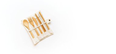 Set of Eco friendly bamboo cutlery, eco bag. Zero waste and plastic free concept. Banner Copy space