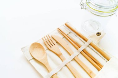 Set of Eco friendly bamboo cutlery, eco bag. Zero waste and plastic free concept.