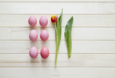 Easter holiday tulips and pink eggs.
