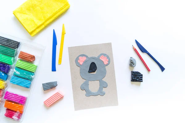 Koala Plastilina Materiale Creatività Artigianato Bambini Pezzi Tavola Modellazione — Foto Stock