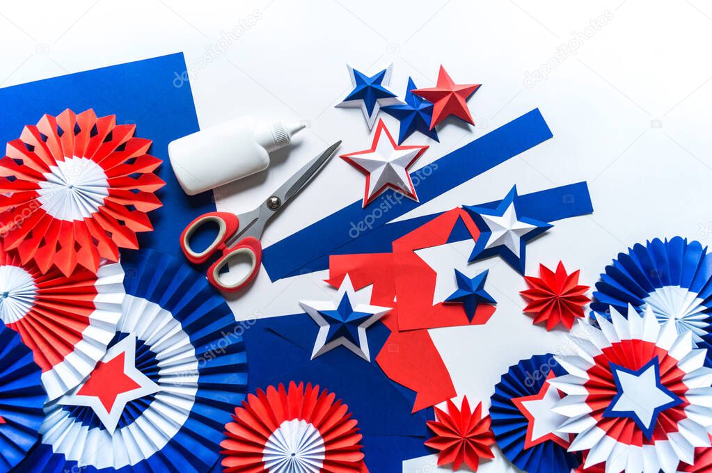 Independence Day paper art. 4th of July. Patriot America. Blue and red stars. Children's craft art.