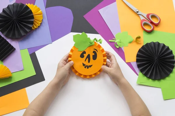 Citrouille Vacances Halloween Papier Créativité Des Enfants Hobby Matériel Artisanat — Photo