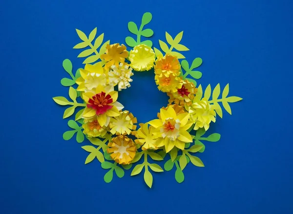 Blumen Aus Papier Blauer Hintergrund Frühlingsfest Der Kreativität — Stockfoto