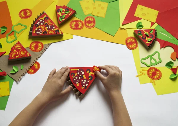 Pizza Made Paper Fast Food Hands Child Favorite Hobby — Stock Photo, Image