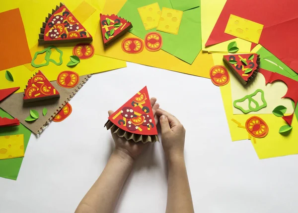 Pizza Made Paper Fast Food Hands Child Favorite Hobby — Stock Photo, Image