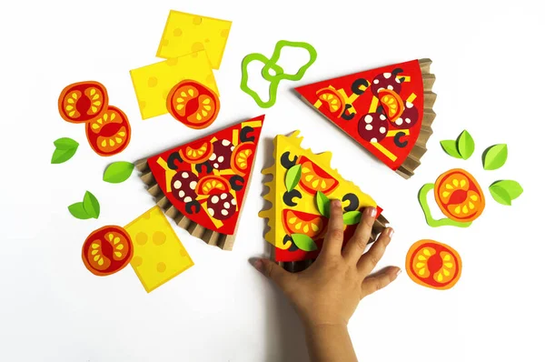 Pizza Made Paper Fast Food Hands Child Favorite Hobby — Stock Photo, Image