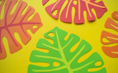 Kağıttan tropik yapraklar. Parlak Karşıtlık Sarı arkaplan