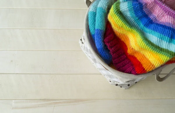 Knit Rainbow Hat Process Creation Knitting Needles Ball Woolen Thread — Stock Photo, Image