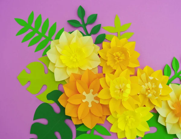 Papier Basteln Blumendekoration Konzept Blumen Und Blätter Aus Papier Tropen — Stockfoto