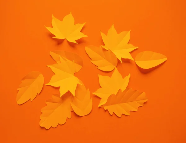 Autumn leaves made from paper on an orange background. September. October. Top view of the circle. The first of September and Halloween.