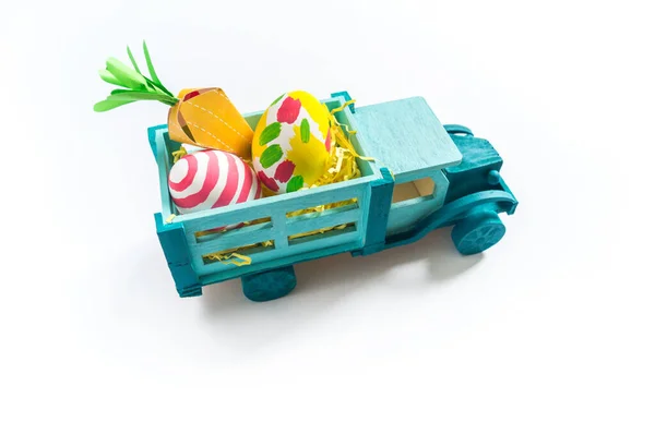 Gift Delivery Easter Holiday Eggs Toy Truck White Background — Stock Photo, Image